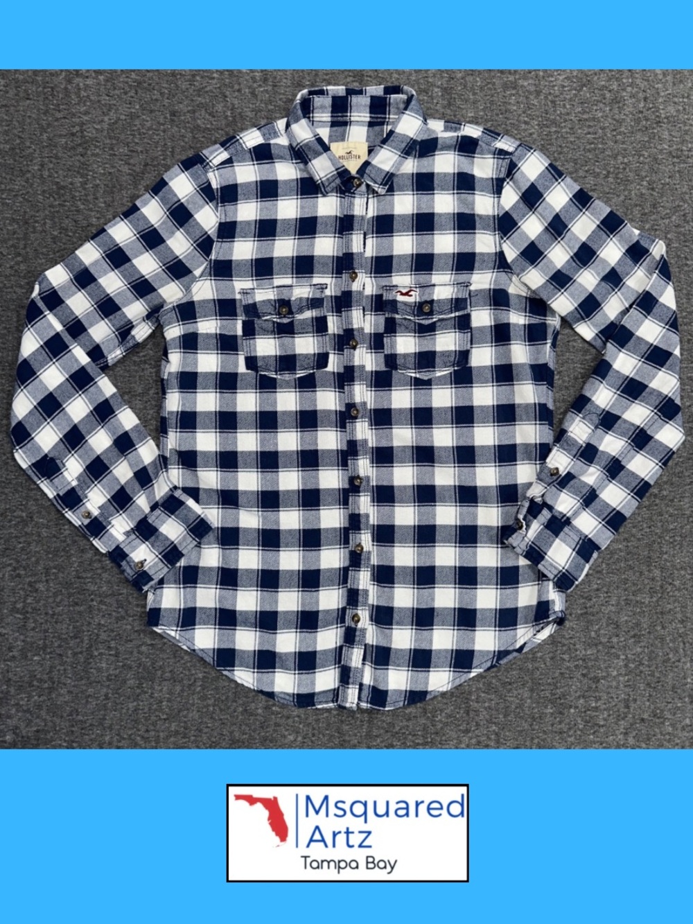 Hollister Plaid Flannel Button Up Shirt Blue White Medium Cotton